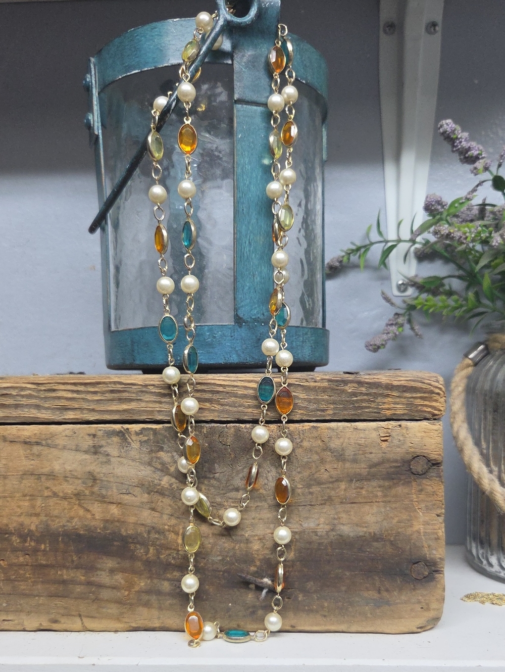 Vintage Boho Multi-Color Crystal & Pearl Station Long Chain Necklace – Gold Tone